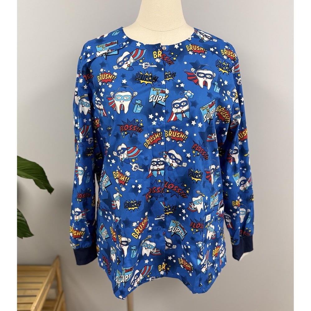 NWT Dickies Scrub Jacket 5X Blue Dental Super Hero Teeth Cotton Snap Scrubs 5XL